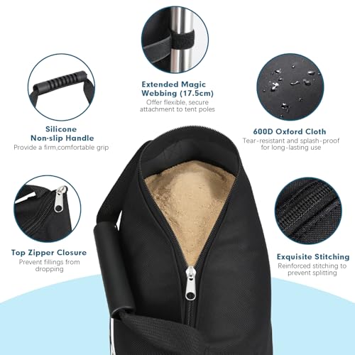MoKo 120 LBS Zipper Top Sand Bags for Canopy Legs (Set of 4, Without Sand), Windproof Weight Bags with Silicone Handle for Gazebo Leg, Pop Up Canopy Tent Weights, Sandbags for Weight, Black