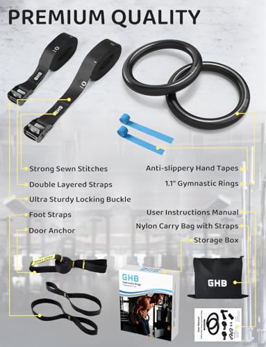 GHB Gymnastic Rings Gym Rings 1.1" Olympic Rings Adjustable Straps Pull Up Rings Sets for Workout Bodyweight Fitness Training