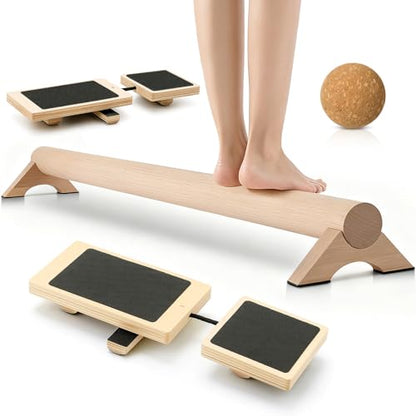 DoubleFill Balance Trainer Kit, 40 Inch Beech Wood Balance Beam with Adjustable Foot Trainers and Cork Massage Ball for Ankle Strengthening and Plantar Fasciitis Relief