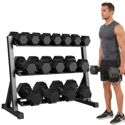 Garvee Cast Iron Hex Dumbbell Set with Storage Rack, Rubber Coated