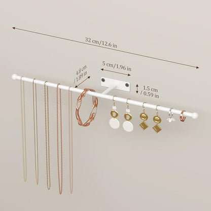 Wall Hanging Jewelry Organizer: 12.6'' Necklace Holder for Earring, Bracelet, Rings, Hairband, Glasses, White 2-Pack, Screws Included