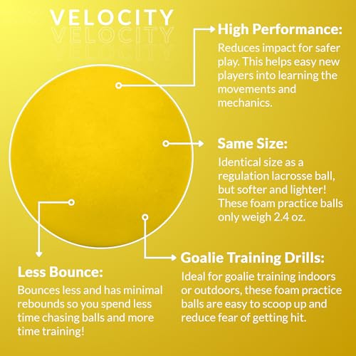 Velocity Soft Foam Lacrosse Balls, Lacrosse Soft Practice Balls for Youth, Indoor Training Lacrosse Softballs for College and High School, Same Size as Regulation