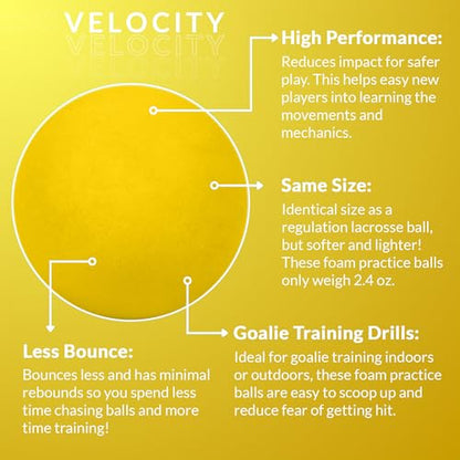 Velocity Soft Foam Lacrosse Balls, Lacrosse Soft Practice Balls for Youth, Indoor Training Lacrosse Softballs for College and High School, Same Size as Regulation