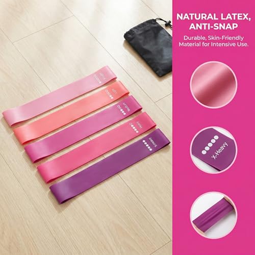Resistance Bands Set, 5 Multi-Color Latex Loop Bands, Light to Extra Heavy Tension Levels, 12x2 Inches, for Strength Training, with Storage Bag