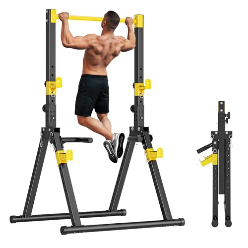 soges Foldable Power Tower, Pull Up Dip Station for Home Gym, 500 LBS Capacity Power Tower with Triangular Design, Adjustable Height Pull Up Bar for Full Body Workout - color: Yellow