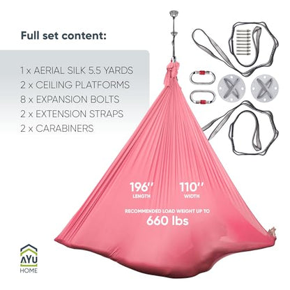 AyuHome Aerial Silks Yoga Swing Aerial Hammock Kit for Home - color: Aerial silk - Pink New
