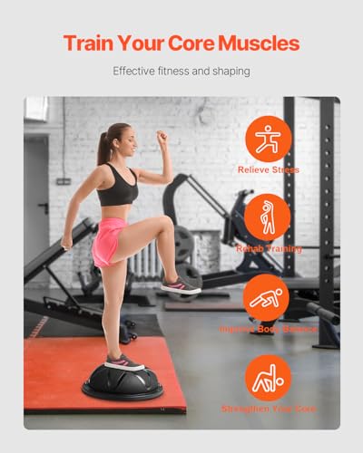 VEVOR Half Exercise Ball Trainer, 23/26 inch Balance Ball Trainer, 1500lbs Capacity Stability Ball, Yoga Ball with Resistance Bands & Foot Pump, Strength Fitness Ball for Home Gym Full Body Workout - color: 23" Particle Black