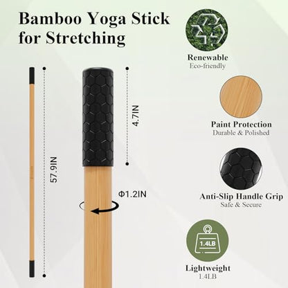Yoga Stick for Stretching, 5ft Exercise Stick for Mobility & Flexibility, Bamboo Stretch Bar and Posture Pole with Non-Slip Grip - Includes Free Video Guide - color: Natural Bamboo