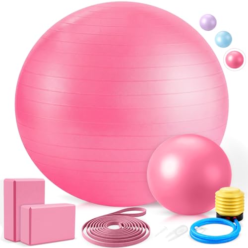 Pilates Set with 2 Yoga Exercise Balls (25.6”&9.8”), Yoga Block, Stretch Strap & Foot Pump, Stability Fitness Ball Kit for Home Gym Equipment Workout Pregnancy Physical Therapy
