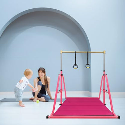 Foldable Gymnastics Kip Bar with Mat and Ring Set,3' to 5' Height Adjustable,Kids Gymnastic Equipment for Ages 3-15,Indoor and Home Training- Max Load 350LBS