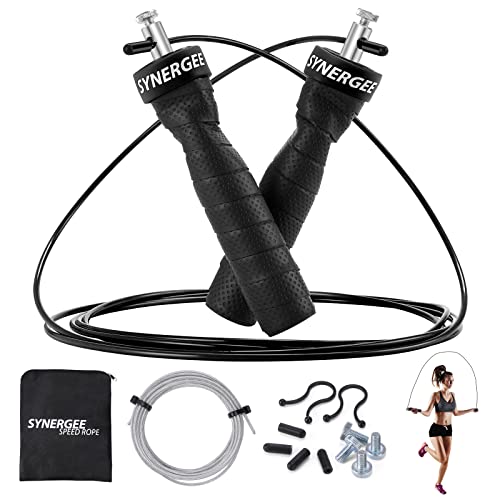 Synergee Jet Black Speed Jump Rope - (2) Adjustable 10 Ft Cable - Steel Ball Bearings - For CrossFit, MMA, Boxing & Fitness, Anti-Slip Handles.