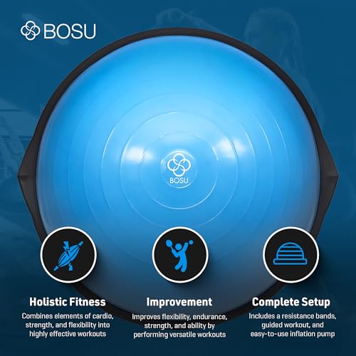 BOSU Pro Balance Trainer, Half-Ball Training Equipment, 300 lb Capacity, Stability Exercise Tool with Resistance Bands Non-Slip Base - color: Blue