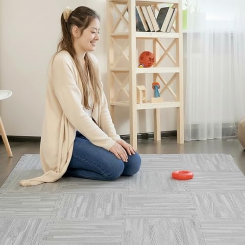 Tebery 16 Pieces Printed Wood Grain Interlocking Floor Tiles 3/8-Inch Thick EVA Foam Grey Puzzle Floor Mat