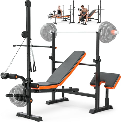 XDDIAS Bench Press Set, 880LBS Adjustable Weight Bench with Leg Extension and Preacher Curl Pad, 8 IN 1 Multi-Function Gym Bench with LAT Pulldown Pulley System, Full-Body Workout Home Gym Equipment - color: Black+Orange