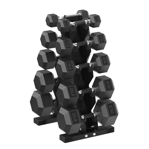 HANDBODE Hex Dumbbell Sets with Rack, 100-165 lb Rubber Encased Dumbbells for Strength Training, Exercise & Fitness, Home Gym Weight Set with Rack - style: 180 lb (5, 10, 15, 25, 35 lb) X 2 & Rack