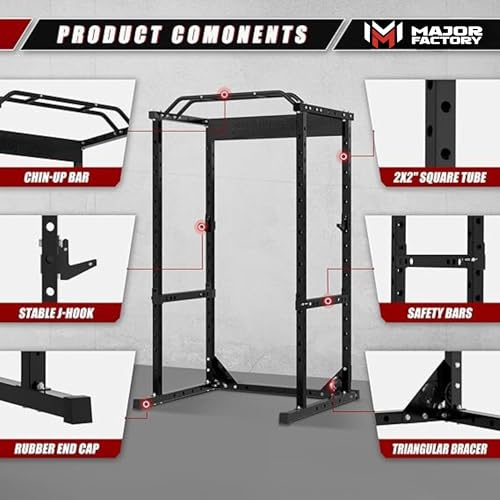 Major Factory Power Cage, 1200 lb Capacity Squat Rack for Home Gym, Multi-Functional Power Rack with Multi-grip Pull-Up Bar, Safety Bars, J-hooks
