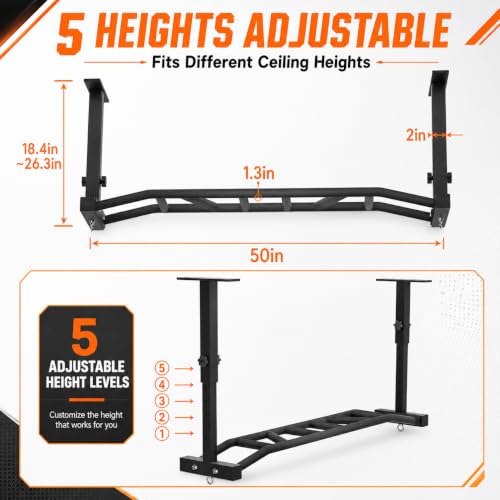 48" Ceiling Mount Pull Up Bar - Heavy Duty Multi-Grip Chin Up Bar for Garage/Home Gym and Strength Training, Adjustable Height&Supports to 600 Lbs
