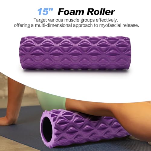 JOYENERGY 5 in 1 Foam Roller Set Trigger Point Foam Roller, Massage Roller Stick, Massage Ball, Stretching Strap for Deep Muscle Massage Pilates Yoga, Fitness Exercise for Whole Body (Purple Diamond)