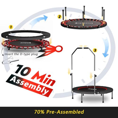 SkyBound Foldable Mini Trampoline - Fitness Rebounder with Quiet Bungees, U-Shape Adjustable Foam Handle, Stable Indoor Exercise Trampoline for Adults