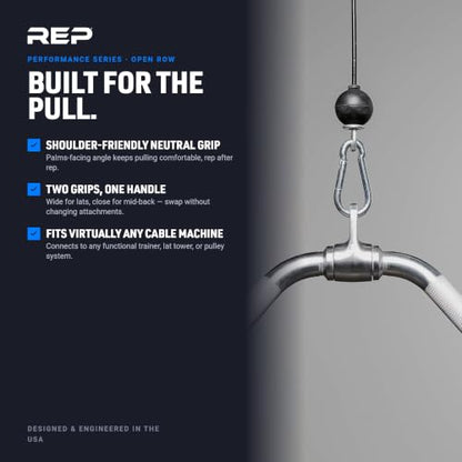 REP Fitness LAT Pulldown and Low Row Cable Machine Attachments and Functional Trainer Attachments – Curl Bar, D-Handle, Ankle Cuff, Tricep Rope, Sports Handle, Straight Bar, Row, Chinning Triangle - style: Open Rowing Attachment