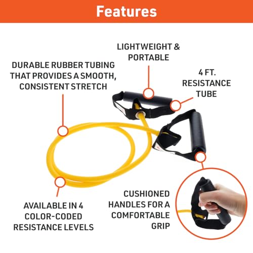 Body Sport Studio Series Resistance Tubes with Cushioned, Foam Handles - 4 ft. Extra Light Resistance Bands for Toning, Strengthening, Stretching, Rehabilitation, and Mobility (Bulk Packaging)