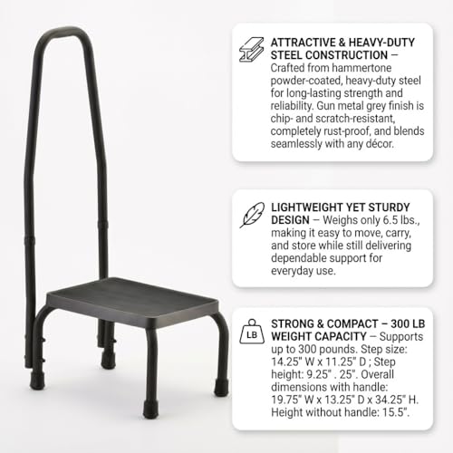 NOVA Step Stool with Handle, 300 lb Capacity – Non-Slip Rubber Platform, Steel Base with Skid-Resistant Feet, Removable Security Handrail, Lightweight 6.5 lb, Assembled, Gunmetal Gray - style: With Handle