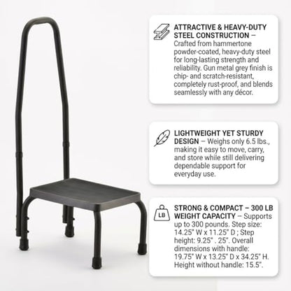 NOVA Step Stool with Handle, 300 lb Capacity – Non-Slip Rubber Platform, Steel Base with Skid-Resistant Feet, Removable Security Handrail, Lightweight 6.5 lb, Assembled, Gunmetal Gray - style: With Handle