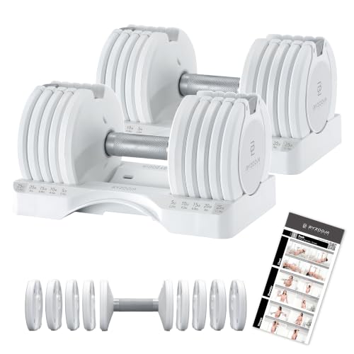BYZOOM FITNESS Pure Series Adjustable Dumbbell - 12.5/25/27.5/50/55/75lb - ONE UNIT OR PAIR(check QTY before purchase) - 5-in-1/ 10-in-1 / 15-in-1 / 21-in-1 Flexible Hand Weights for Home Apartment Garage Gym, Strength Training & Fitness Workouts, White O