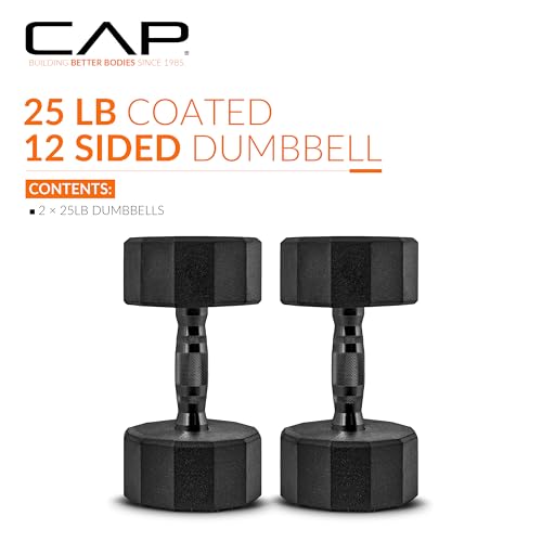 CAP Rubber Coated Dumbbell Weights, Free Weights for Home Gym Strength Training, Anti-Roll Hex Dumbbells with Black, Chrome & Comfort Grip Handles, Pairs & Sets - size: 25 lb - Pair, style: 12-Sided - Black Handle