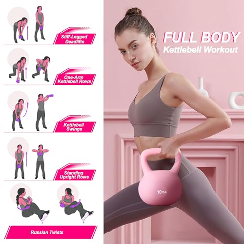 soges PVC One-Piece Kettlebell with Wide Handles, Strength Training Kettlebells 5lb to 35lb Optional for Women of Different Levels, Iron Sand Filled Soft Kettlebell - color: 10lbs - Pink