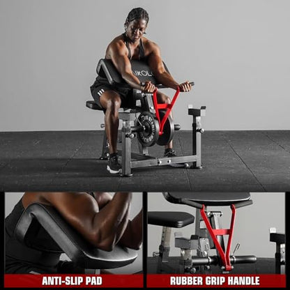 Mikolo Preacher Curl Bench, Plate Loaded Bicep Curl Machine, Bicep Workout Equipment，2 in 1 Arm Training Machine for Home Gym