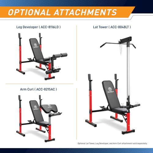 Marcy Deluxe Olympic Weight Bench with Adjustable Back & Bar Catch & Optional Arm Curl, Leg Developer, Lat Tower Attachments (Sold Separately), Personal Home Gym for Strength Training, Weightlifting - color: Standard Bench MWB-5511