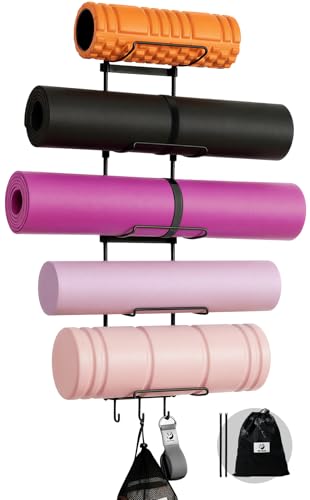 Slim Panda Yoga Mat Holder Wall Mount With Mesh Bag,Yoga Accessories Storage Rack,Home Gym Organizer with 5-Tier & 3 Hooks for Hanging Yoga Mats, Foam Roller, Resistance Bands, Space Saver