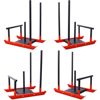 Weight Training Sled Push Pull Drag Speed Power Training Equipment Strength Sled with Removable Push Poles Harness and Straps for 1 Inch and 2 Inch Weight Plates Black+Red