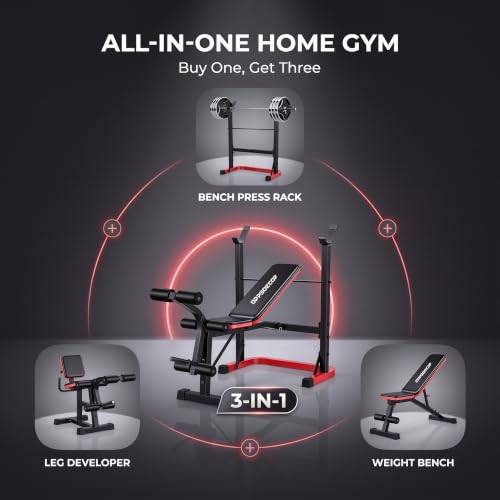 OPPSDECOR Foldable Weight Bench Set with Squat Rack and Preacher Curl Pad - color: Red