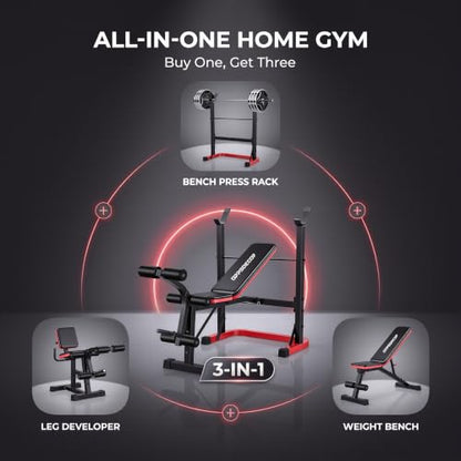 OPPSDECOR Foldable Weight Bench Set with Squat Rack and Preacher Curl Pad - color: Red