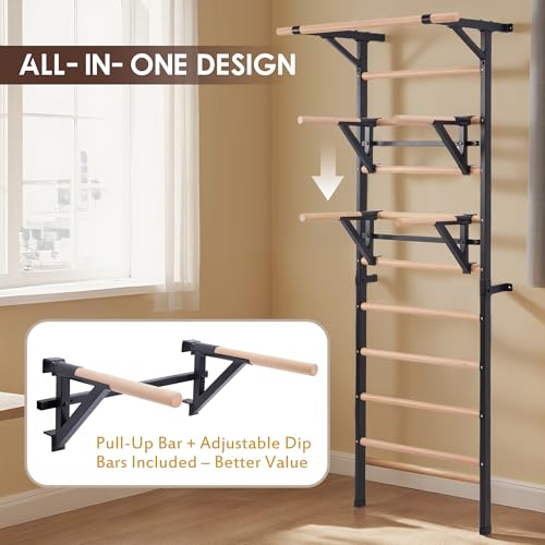 Solid Beechwood Stall Bar, 90" Swedish Ladder Wall Gym with Pull-up Bar & Dip Station, 220lbs Capacity Wall Mounted Gymnastics Ladder for Home Gym Training, Stretching & Bodyweight Exercise