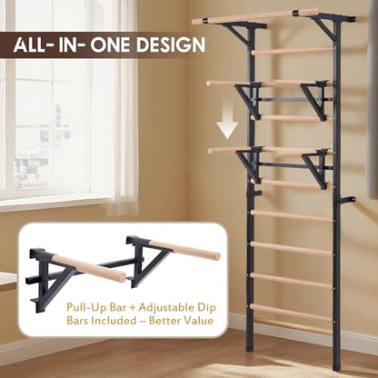 Solid Beechwood Stall Bar, 90" Swedish Ladder Wall Gym with Pull-up Bar & Dip Station, 220lbs Capacity Wall Mounted Gymnastics Ladder for Home Gym Training, Stretching & Bodyweight Exercise