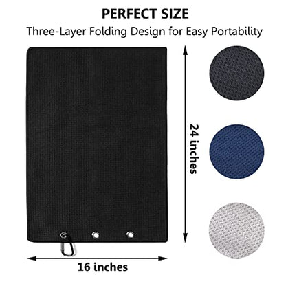 LUSTEMBER 3 Pack Large Golf Towels, 16" x 24" Tri-Fold Portable Microfiber Fabric Waffle Pattern Golf Towel for Golf Bag with Carabiner Clip to Quickly Remove Sand, Mud, Dirt and Sweat