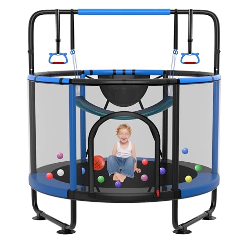 SKYUP 54"/60''/66" Mini Trampoline for Kids Ages 3+, 400LBS No-Gap Toddler Trampoline with Net, Swing, Adjustable Gymnastics Bars, Basketball Hoop, Indoor/Outdoor Trampoline, Boys & Girls Gifts Toys - color: Black, size: 4.5FT