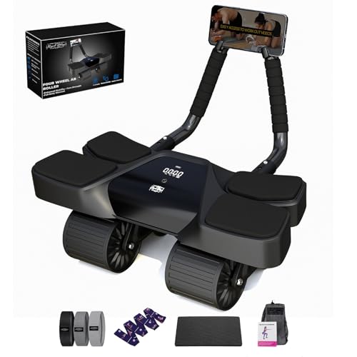 Ab Roller Home Gym Equipment – 4 Wheels Ab Wheel Muscle Roller with Automatic Rebound, Yoga Stretching Strap, 3 Resistance Bands – Comfortable Elbow Support with Non-Slip Handles – Built-in Workout Tracker - color: Black + 3 Bands + 1 Strap