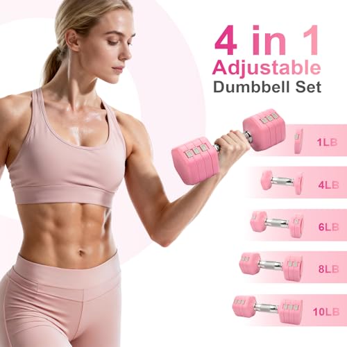 20LBS Adjustable Dumbbells Set, 4 in 1 Free Weights Dumbbells Set, 4lb 6lb 8lb 10lb with Metal Non Slip Handle, Quick Change Women/Men Dumbbell Set for Home Gym Exercise Training