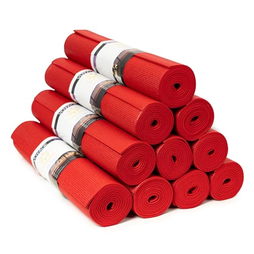 Voyage Yoga Mat, 10 Pack, 72" x 24" Professional Studio and Gym Bulk Yoga Mats, 5mm Thick, Durable, Anti-Tear, Non Slip Fitness and Exercise Mats - color: Red