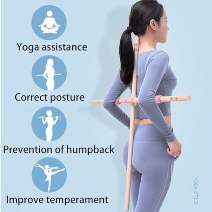 2PCS Yoga Rod Stick Set,Portable Pilates Bar Open Back Corrective Hump Round Wooden Stretching Tool with Buckle for Martial Artists Dancers Gymnasts - size: 23.6x0.8Inch