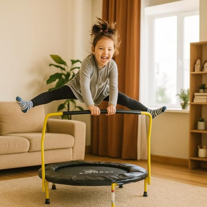 Teamson by Crowntec 36'' Round UV Resistant Steel Mini Trampoline with Handle and Safety Pad for Kids Removable Legs Indoor Outdoor Use Blue