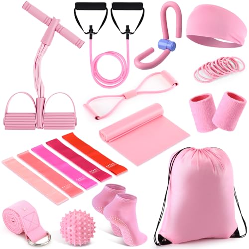 17 Pcs Home Pilates Kit with Resistance Bands 6 Tube Pedal Puller Resistance Band Set for Women Weight Loss Leg Training Workout Equipment Gym Exercise Equipment Beginners Yoga - color: Pink