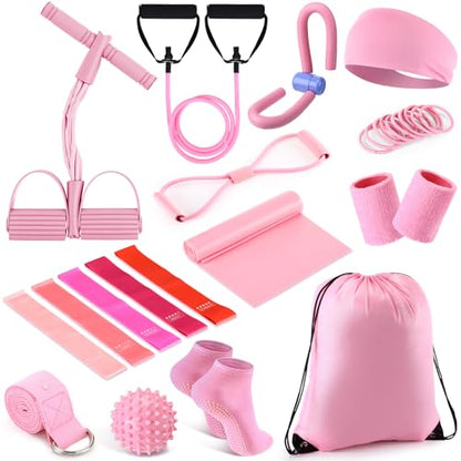 17 Pcs Home Pilates Kit with Resistance Bands 6 Tube Pedal Puller Resistance Band Set for Women Weight Loss Leg Training Workout Equipment Gym Exercise Equipment Beginners Yoga - color: Pink