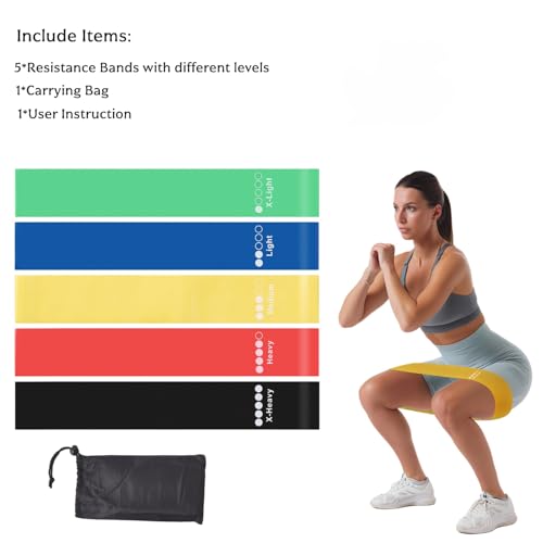 Resistance Loop Bands 5 Pack, Non-Slip Non-Roll TPE Exercise Bands for Yoga, Pilates, Home Workout, Strength Training, Stretching, Ideal for Glute, Leg, Arm, Hip Fitness
