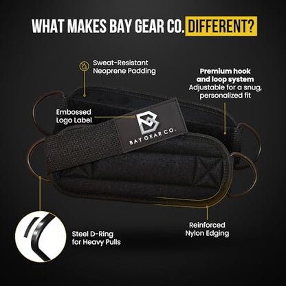 Bay Gear Co. Ankle Straps – Strong Hook and Loop System & Neoprene Padded for Cable Machine Glute Workouts, Slick Black Stainless Steel D Ring, Adjustable Fit, Different Design, Single/Pair.