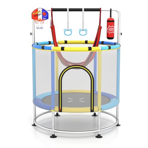 GYMAX 55" Trampoline for Kids, 440LBS 6 in 1 Toddler Rebounder with Swing, Basketball Hoop, Punching Bag, Rings & Bar, No-Gap Jumping Mat Mini Indoor Outdoor Trampoline - color: Yellow-Navy-Blue
